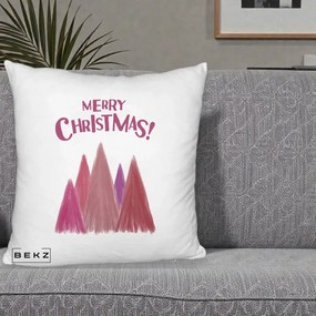 Perna Decorativa Merry Christmas Brazi Roz, 40x40 cm, Alb Pufos, Husa Detasabila, Perna Inclusa, BEKZ®