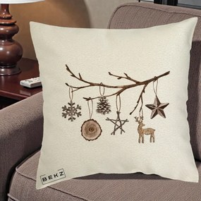 Perna Decorativa Ornamente de Lemn pe Ramura, 40x40 cm, Ecru, Husa Detasabila, Perna Inclusa, BEKZ®