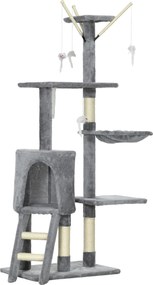 PawHut Turelă pentru pisici cu căsuță, stâlp de ascuțit gheare, platforme și 4 șoricei, din lemn, pluș și sisal, 50x35x134.2 cm, gri | Aosom Romania