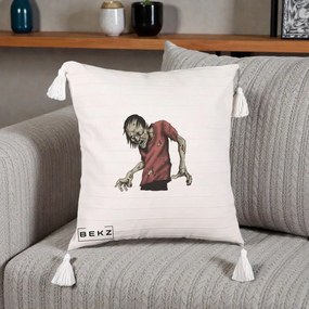 Perna Decorativa Halloween Zombie Infricosator, 40x40 cm, Bej cu Franjuri, Husa Detasabila, Perna Inclusa, BEKZ®