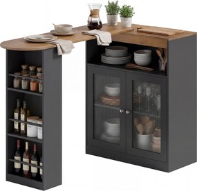 HOMCOM Masă de Bar Extensibilă și Rotativă 90° cu Rafturi Deschise și 2 Uși din Sticlă 150x80x105,5 cm Negru și Natural | Aosom Romania