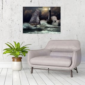 Tablou pe sticlă - Vapor în furtună (70x50 cm)