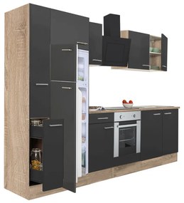 Mobilă de bucătărie Yorki 300, corp din stejar sonoma, față antracit satinat, element cuptor inferior, frigider congelator superior