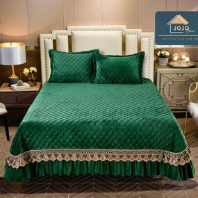 Cuvertura de pat cu volane si broderie, catifea, pat 2 persoane, verde, 3 piese, CCBJ-07