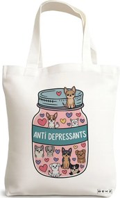 Sacosa de Panza pentru Cumparaturi, Geanta Tote, model Anti Depresant Doggos 38 x 34.5 cm, Alba, BEKZ®