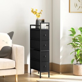 HOMCOM Comodă dulap cu 4 sertare din material textil, dulap de depozitare cu cadru din oțel, 20cm x 43cm x 81,5cm, Negru | Aosom Romania