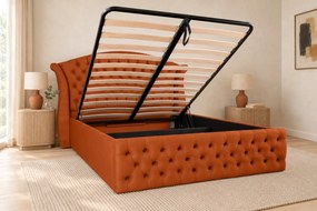 Pat tapițat Chesterfield din catifea Sorella Simple 140×200 cm, cărămiziu, cu ladă de depozitare