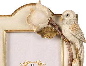 Ramă foto din polirășină, crem și auriu, cu ramură cu flori de magnolie și pasăre sculptată, 22,2 x 16,5 x 4 cm, „Cartouche”