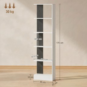 HOMCOM Raft Îngust cu 5 Etajere, Raft Economisitor de Spațiu Modern din Lemn, Bibliotecă pentru Baie, Living, Dormitor, Birou, 45x21x170 cm, Alb și Negru | Aosom Romania