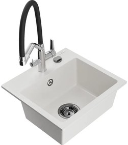 Mexen Milo chiuvetă de granit cu 1 compartiment și baterie de bucătărie Duo, Albă - 6505-20-671701-07-B