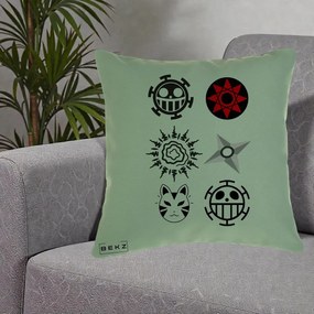 Perna Personalizata Simboluri Anime Mix - Naruto One Piece, 40x40 cm, Verde, Husa Detasabila, Perna Inclusa, BEKZ®