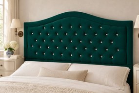 Pat tapițat Chesterfield din catifea Solaria Deluxe Cristal 140×200 cm, verde, cu ladă de depozitare