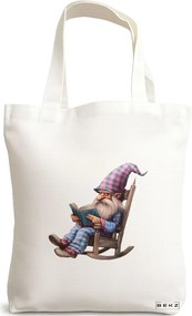 Sacosa de Panza pentru Cumparaturi, Geanta Tote, model The Bookish Gnome 38 x 34.5 cm, Alba, BEKZ®