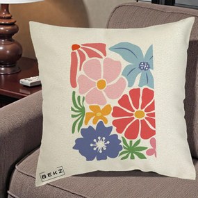 Perna Decorativa Flori Grafice Roz-Rosu-Albastru, 40x40 cm, Ecru, Husa Detasabila, Perna Inclusa, BEKZ®