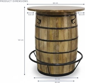 Masă bar din lemn masiv de mango în formă de butoi cu metal, 90×90×101 cm, „Barrel”