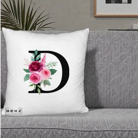 Cadou Personalizat - Perna Personalizata Monograma Florala Litera D, 40x40 cm, Alb Pufos, Husa Detasabila, Perna Inclusa, BEKZ®