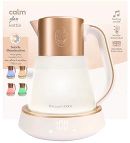 Russell Hobbs Calm Kettle 27450-70, 2400W, 1,7 l, 40-100°C, Fierbere silențioasă, butoane tactile, alerte sonore, 6 culori schimbătoare, Protect, fără BPA și PFAS, alb/dorat