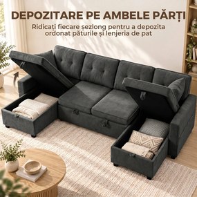 HOMCOM Canapea extensibilă mare în U, cu 2 șezlonguri, depozitare și 2 perne, chenille, gri închis | Aosom Romania