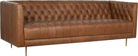 Canapea 3 locuri din piele cognac, cu spătar capitonat, picioare din metal auriu, aspect retro, 74 x 209 x 77 cm, „Odette”