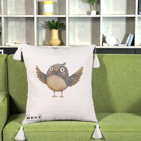 Perna Decorativa Pasare cu Aripi Intinse, 40x40 cm, Bej cu Franjuri, Husa Detasabila, Perna Inclusa, BEKZ®