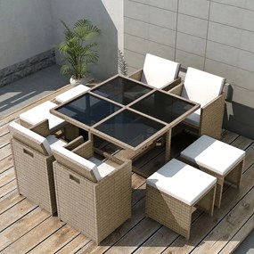 42556 vidaXL Set mobilier de exterior cu perne, 9 piese, bej, poliratan