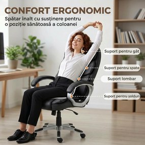HOMCOM Scaun Birou Ergonomic Rotativ din Piele PU, Funcție Legănare, Înălțime Reglabilă, Capacitate 120kg, Negru | Aosom Romania
