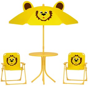 AIYAPLAY Mobilier de grădină pentru copii cu umbrelă de soare reglabilă, Set de picnic pentru copii cu 4 piese, Masă cu 2 scaune pliante, masă, Set de terasă cu model de leu pentru vârstele 2-5 ani, Galben | Aosom Romania