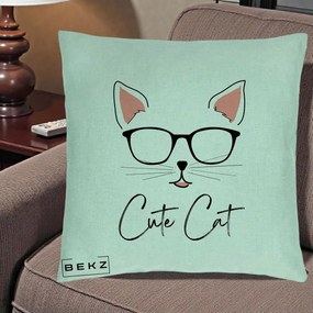 Perna Personalizata Cute Cat cu Ochelari, 40x40 cm, Verde Menta, Husa Detasabila, Perna Inclusa, BEKZ®