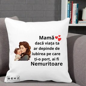 Cadou pentru Mama - Perna Personalizata Mama Nemuritoare cu Bebelus Lineart, 40x40 cm, Alba Mata, Husa Detasabila, Perna Inclusa, BEKZ®