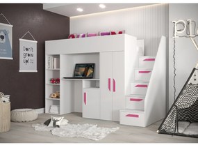 Pat pentru copii combinat 90 cm Puro 14 (alb mat + alb lucios + mânere roz). 1087091