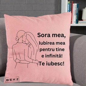 Cadou pentru Sora - Perna Personalizata Sora Mea Te Iubesc Imbratisare din Spate Line Art, 40x40 cm, Roz, Husa Detasabila, Perna Inclusa, BEKZ®