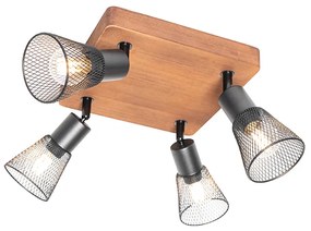 Spotlight industrial negru cu lemn 4 lumini - Kristina