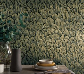 Tapet Tranquil, Jet Black and Gold Foil Luxury Feather, 1838 Wallcoverings, 5.3mp / rola