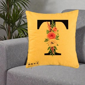 Cadou Personalizat - Perna Personalizata Monograma Florala Litera T, 40x40 cm, Galben, Husa Detasabila, Perna Inclusa, BEKZ®