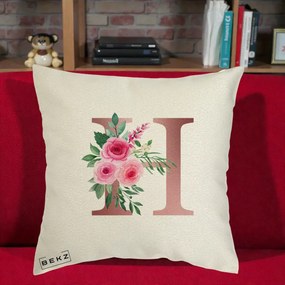 Cadou Personalizat - Perna Personalizata Monograma Rose Gold Litera H, 40x40 cm, Ecru, Husa Detasabila, Perna Inclusa, BEKZ®