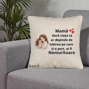 Cadou pentru Mama - Perna Personalizata Mama Nemuritoare cu Balon Inima, 40x40 cm, Bej Canapea, Husa Detasabila, Perna Inclusa, BEKZ®