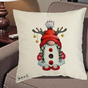Perna Decorativa Pitic Gnom Craciun cu Coarne de Ren, 40x40 cm, Ecru, Husa Detasabila, Perna Inclusa, BEKZ®
