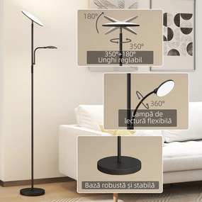 HOMCOM Lampă de Podea cu 2 Surse de Lumină Reglabile pe 4 Niveluri și Telecomandă, Neagră | Aosom Romania