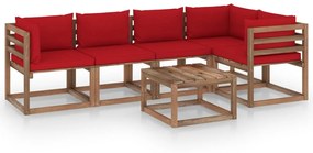 Set mobilier gradina paleti, cu perne, 6 piese, lemn pin tratat Rosu, 2x mijloc + 3x colt + masa, 1