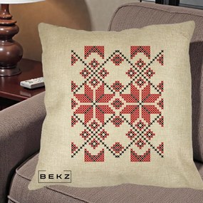 Perna Personalizata Motiv Traditional Cusatura Rosu-Negru, 40x40 cm, Crem, Husa Detasabila, Perna Inclusa, BEKZ®