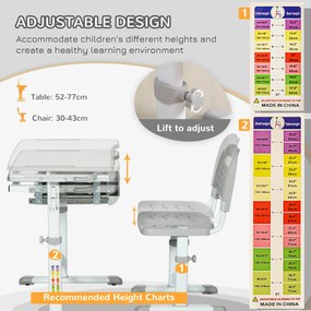 HOMCOM Set Masă și Scaun pentru Copii 6-12 ani, Reglabil pe Înălțime, cu Blat Înclinabil la 45°, 66x47x52-77 cm, Gri | Aosom Romania