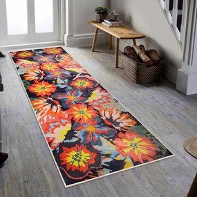 COVOR ANTIDERAPANT BERENICE, DREPTUNGHIULAR, 80X200 CM, FLORAL, NEGRU, PORTOCALIU, GALBEN, 60% BUMBAC