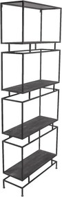 Etajeră metalică îngustă, negru, cu 4 rafturi din lemn și cadre suprapuse, 160 x 61 x 23 cm, „Verne”