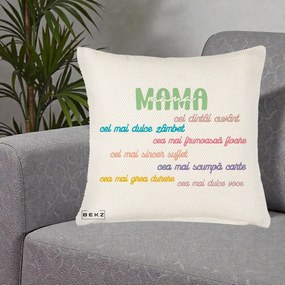 Cadou pentru Mama - Perna Personalizata Mama Cel Dintai Cuvant cu Text Colorat Multicolor, 40x40 cm, Crem Reliefat, Husa Detasabila, Perna Inclusa, BEKZ®