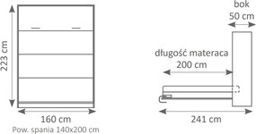 Pat rabatabil Basic 140x200 vertical cu masă de scris- alb mat