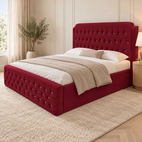 Pat tapițat Chesterfield din catifea Aveline Deluxe 160×200 cm, vișiniu, cu ladă de depozitare
