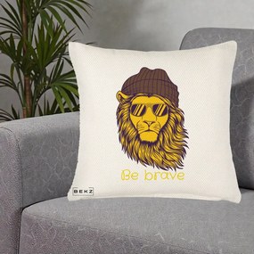 Perna Decorativa Leu Hipster Be Brave, 40x40 cm, Crem Reliefat, Husa Detasabila, Perna Inclusa, BEKZ®