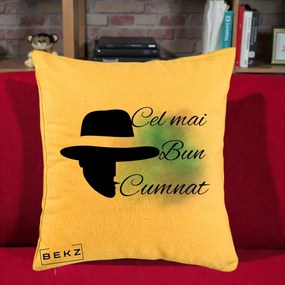 Cadou pentru Cumnat - Perna Personalizata Cel mai Bun Cumnat cu Silueta Palarie si Pete Teal-Roz, 40x40 cm, Galben, Husa Detasabila, Perna Inclusa, BEKZ®