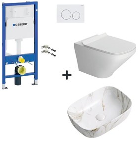 Set vas wc rimless cu capac soft close, lavoar baie efect marmura si rezervor wc cu clapeta alba