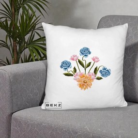 Perna Decorativa Buchet Primavara Acuarela, 40x40 cm, Alb Pufos, Husa Detasabila, Perna Inclusa, BEKZ®